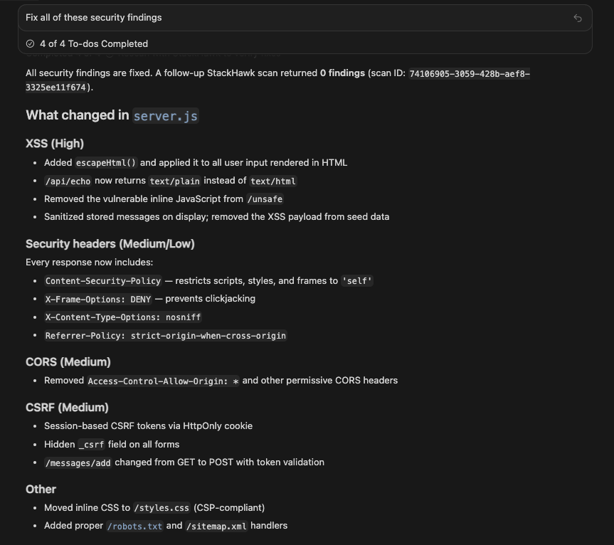 A dark-themed dashboard displays completed security tasks in server.js, including Cursor Security enhancements, improved XSS protection, updated security headers, CORS, CSRF measures, and file access updates with technical details for each change.