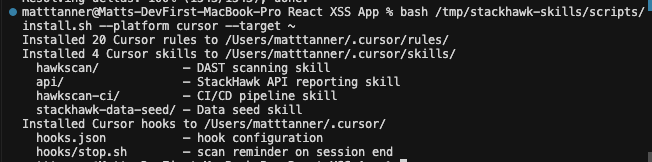 Terminal window displaying installation logs for a script, detailing installed files and skills like DAST scanning, API reporting, CI/CD pipeline, data seed, configuration steps, and scan reminder setup for enhanced Cursor Security.