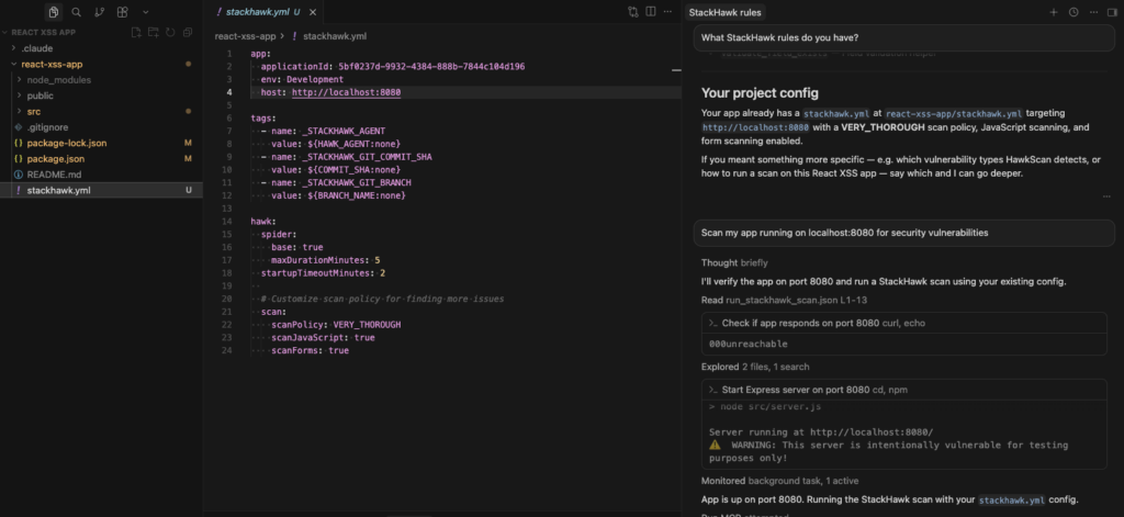 A dark-themed code editor displays a YAML configuration file on the left and Stackahawk rules, project config details, and Cursor Security settings on the right, including environment variables, scripts, and security scanning setup instructions.