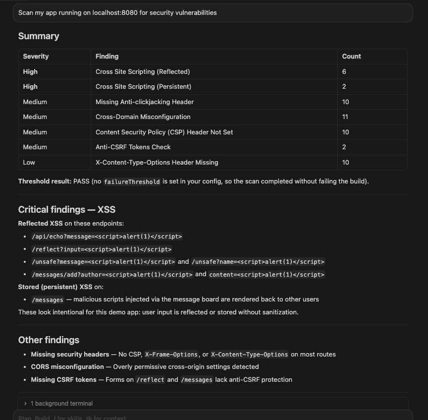 A dark-themed Cursor Security scan report for a web app displays tables of vulnerabilities by severity, a section on reflected and stored XSS findings, and notes missing security headers. A terminal window is partly visible below.