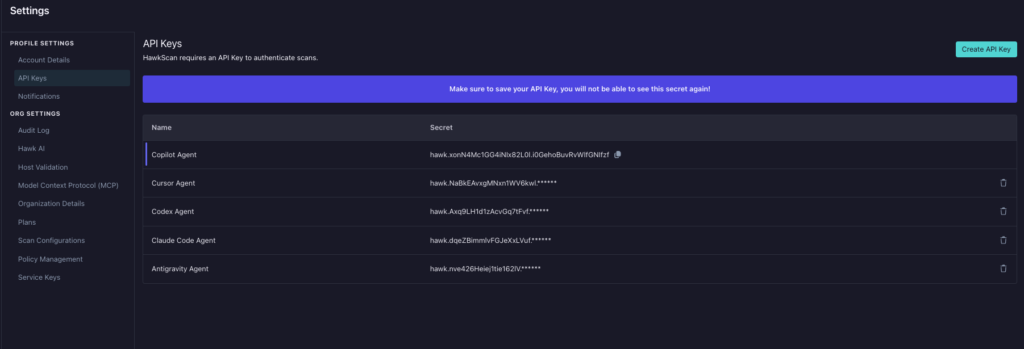 A dark-themed dashboard displays a list of API keys under settings, showing names and partially hidden secret keys for different agents, including GitHub Copilot code Security, with a blue Create API Key button in the top right corner.