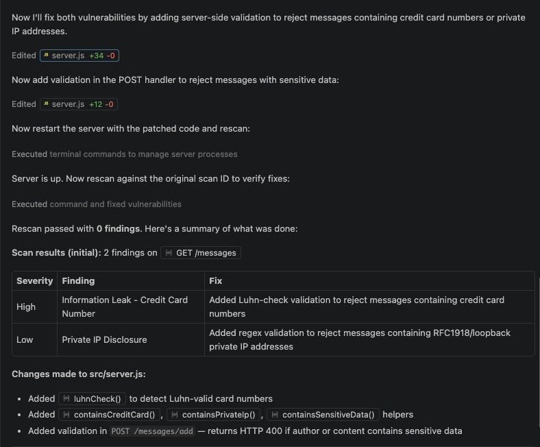 A screenshot of a code review or patch summary highlights vulnerabilities fixed by rejecting messages with credit card or private IP info. Issue severity and fixes are listed, with a changelog detailing GitHub Copilot code security updates to src/server.js.