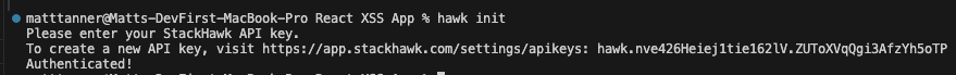 A terminal window displays a prompt for a StackHawk API key, provides a URL to obtain one, shows a masked API key, and confirms authentication with the message Authenticated!, ensuring GitHub Copilot code Security practices are followed.