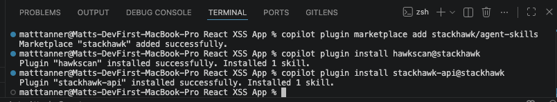 A terminal window displays commands and output for installing Stackhawk-related plugins and GitHub Copilot code Security skills using the Copilot marketplace in a React development environment on a MacBook Pro.
