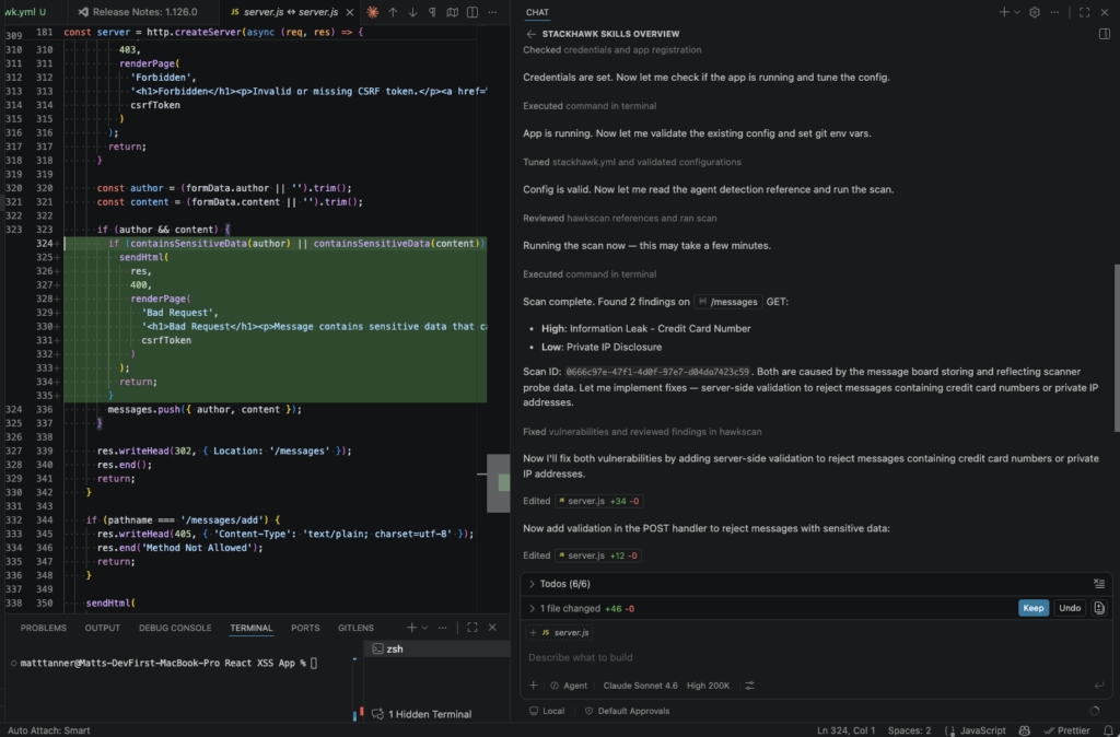 A dark-themed code editor window shows JavaScript code on the left, highlighting credit card validation with security comments. On the right, a document explains validation and message rejection. A to-do list appears below, and GitHub Copilot suggests improvements.