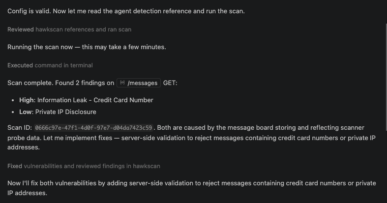 A dark-themed screen displays GitHub Copilot code security scan findings, highlighting exposure of credit card numbers and private IP addresses in messages. Text mentions plans to fix these vulnerabilities with improved server-side validation.