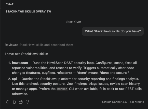 Screenshot of a chat interface displaying an overview of StackHawk skills. Two skills are listed: “hawkScan” for running security scans and “api” for managing issues, with details in bullet points—integrating seamlessly with GitHub Copilot code Security.