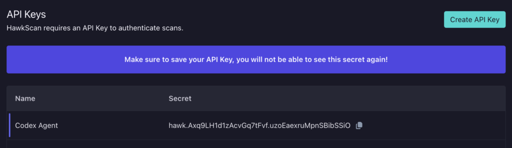 A web interface shows an API Keys section for HawkScan, part of Codex Code Security. A notification warns users to save their API key, as it won’t be shown again. One API key named Codex Agent and a Create API Key button are visible.