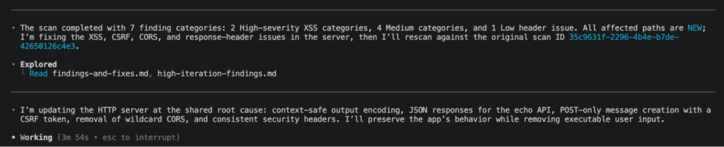A terminal window displays Codex Code Security scan results: 7 findings—2 high-risk XSS, 4 medium, 1 low. Results mention headers, CSRF, CORS, and server input. Explored files and an update note on HTTP server security are shown below.