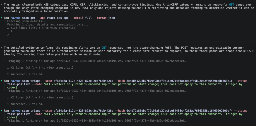 Screenshot of a terminal window displaying commands and output related to fetching and remediating Codex Code Security alerts, including the use of GET and POST methods, JSON formatted data, and alert IDs highlighted in blue.