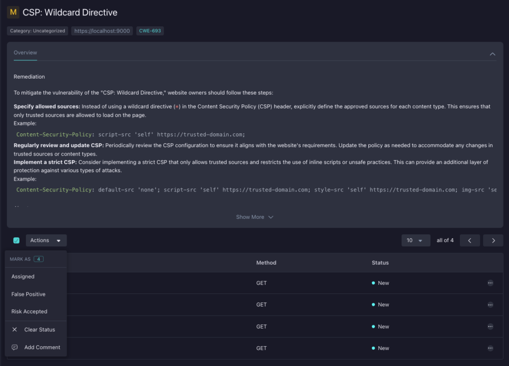 A Codex Code Security dashboard displays details about the CSP: Wildcard Directive vulnerability, including an overview, remediation steps, and a table with actions and HTTP method statuses. The page has dark mode enabled.