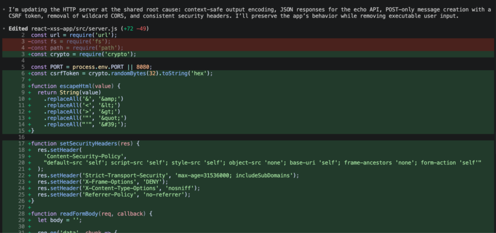 Screenshot of a code editor showing a Python script with Codex Code Security features. The code sets a secret key, configures a server port, and specifies security headers before serving files. A line deletion is highlighted in red.