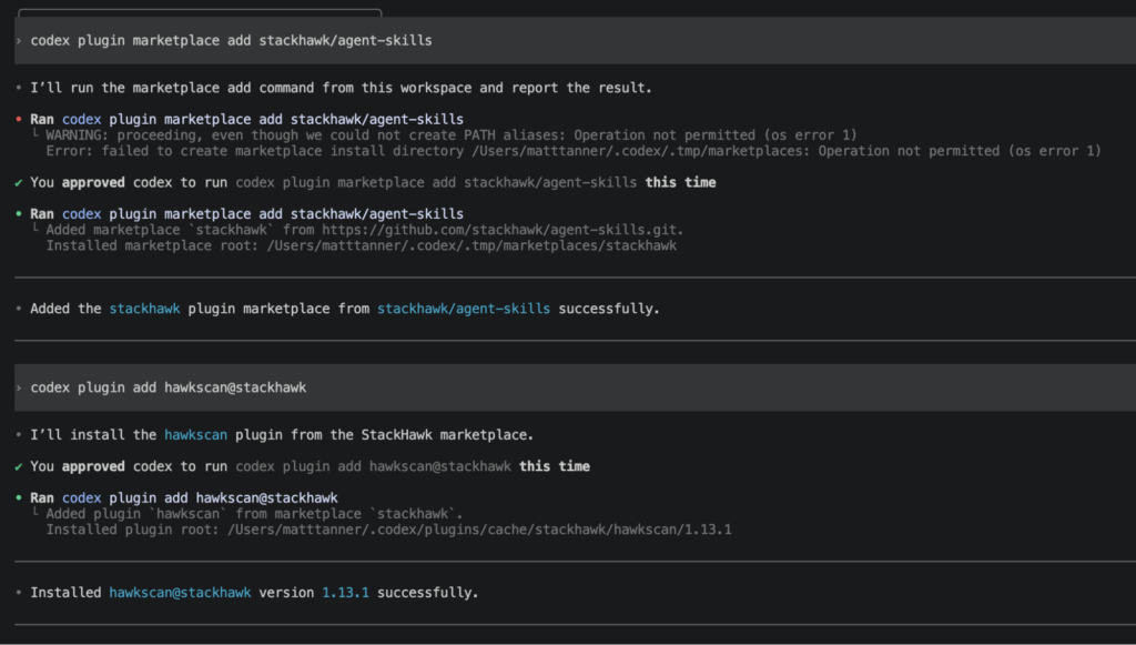 A dark-themed terminal displays code for adding and installing plugins from the StackHawk marketplace, with success messages for stackhawk/agent-skills and stackhawk/hawkscan plugins—showcasing Codex Code Security in action.