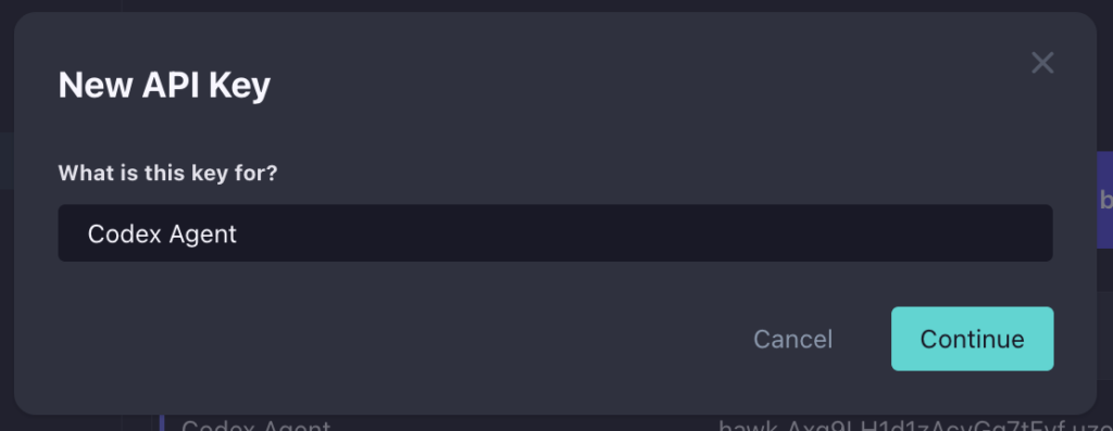 A dialog box titled New API Key asks What is this key for? with Codex Agent entered in the input, highlighting Codex Code Security. Cancel and Continue buttons appear at the bottom right.