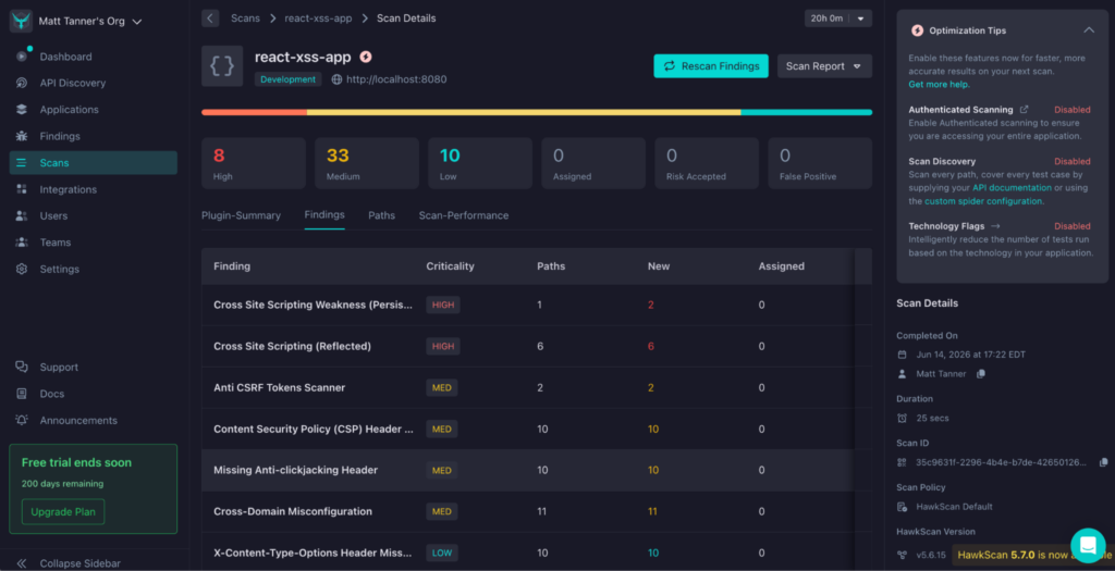 A cybersecurity dashboard powered by Codex Code Security displays scan results for “react-xss-app,” showing 33 findings, 10 open issues, and a table of vulnerabilities with severity, path counts, and assignment status. Side menus and tips are visible.