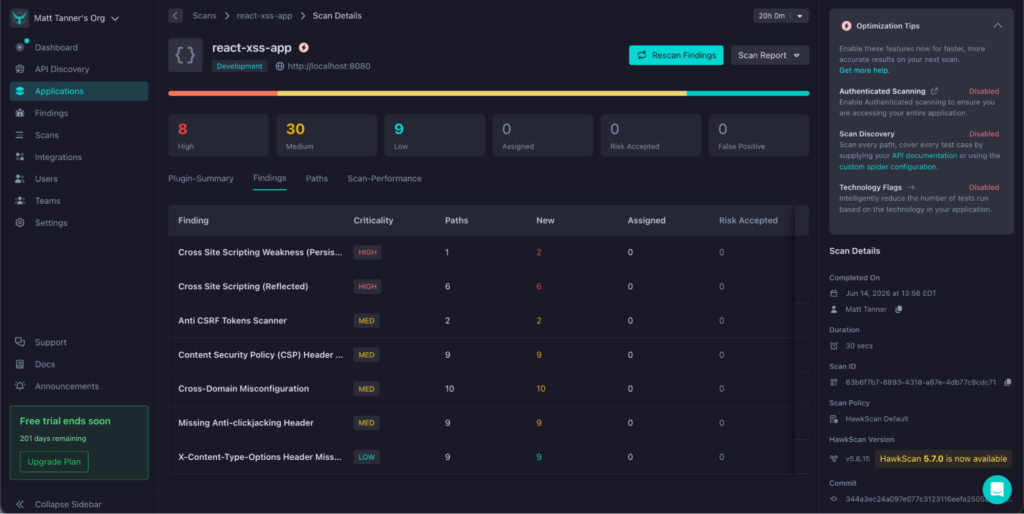 A dashboard displays Codex Code Security scan results for an app called react-js-app, showing 8 findings—1 high, 6 medium, 1 low. A table lists security issues, their criticality, and status. Optimization tips and scan info appear on the right.