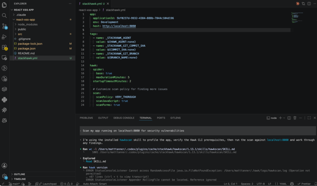 A Visual Studio Code window shows a YAML file with environment variables for a stack, and a terminal below displays output from the sam build command with Codex Code Security vulnerability scan suggestions.