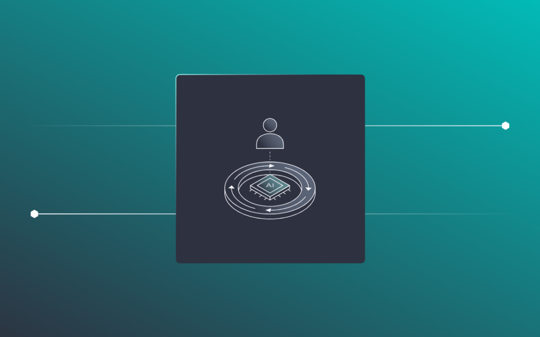 An icon of a person above a central processor chip labeled AI, surrounded by circular arrows indicating a continuous cycle of human oversight for AI agents.